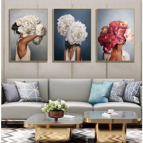 Portrait Art Canvas Paintings On The Wall Art Canvas Prints Wall Art Women with Flowers Pictures for Living Room Cuadros Decor