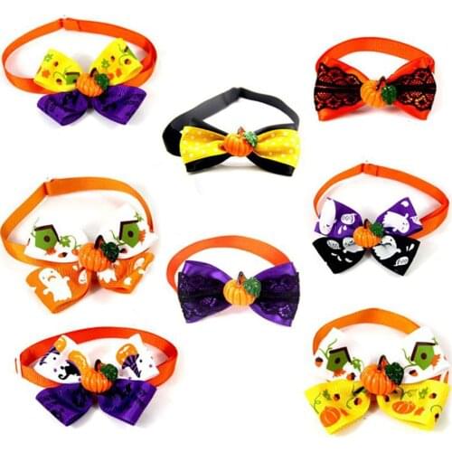 8pcs/pack Adjustable Dog Cat Pumpkin Bow Ties Collar Colorful Printed Pattern For Halloween Festival Pet Grooming Accessories