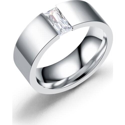 Silver Color 8mm Stainless Steel Cubic Zirconia Crystal Men Rings Fashion Mens Titanium Steel Wedding Ring Anillo Hombre