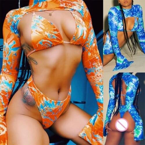 2021 Top Women Sexy 3pcs Bikini Set Tie-Dye Halter Swimsuit with Long Sleeve Crop Top