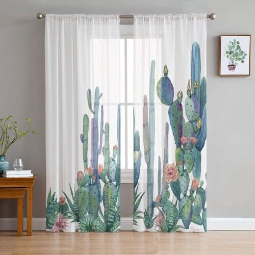 Watercolor Cactus Nordic Sheer Curtains for Living Room Bedroom Kitchen Tulle for Windows Voile Yarn Curtains for Bedroom