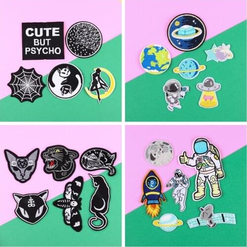 Iron On Outer space astronaut Cartoon Black leopard Cat Patches Set DIY spacecraft Clothing Jeans Backpack Garment Applique