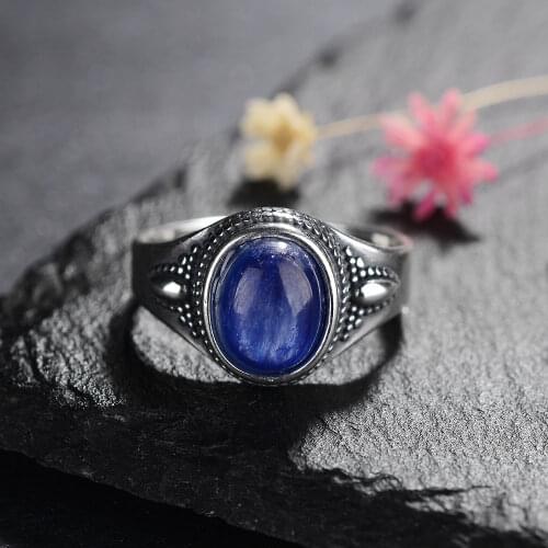 S925 Sterling Silver Fine Jewelry Femme 8x10mm Dark BlueNature Kyanite Stone Personalized Rings for Women Wedding Jewelry Gift