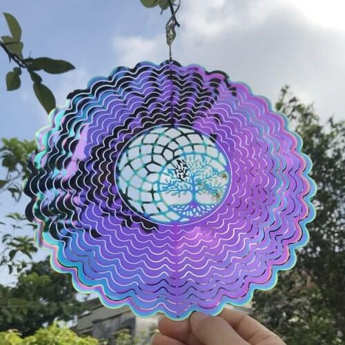 2021 Beating Wind Spinner Christmas Tree And Wave Round Shape Mirror Stainless Steel 3D Rotating Wind Chime Home Garden Decor
