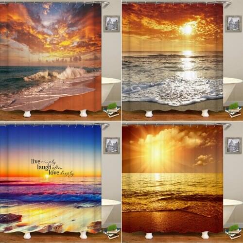 Dusk Beach Bathroom Shower Curtain Ocean Sea Scenery Modern Bath Curtains with Hooks Waterproof Polyester Fabric Home Decoration