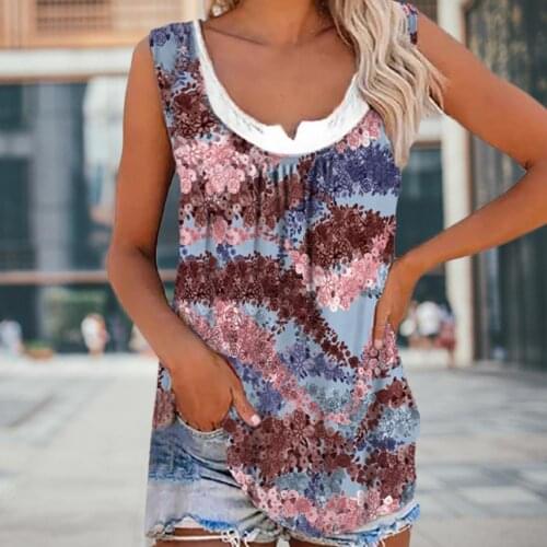 Sleeveless Ladies Tops Fake Two Bohemian Printed Sleeveless T-shirt Round Neck Causal Breathable Vest Summer Beach Wear