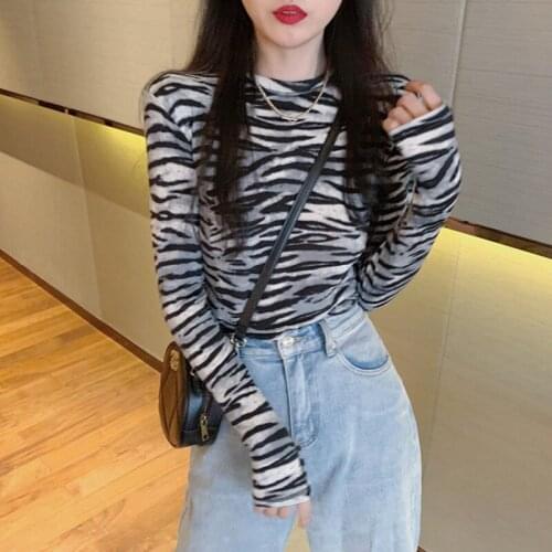 Woman TShirts Zebra Print Long-Sleeved T-shirt Spring Womens Striped Top Crop Top Mujer Camisetas