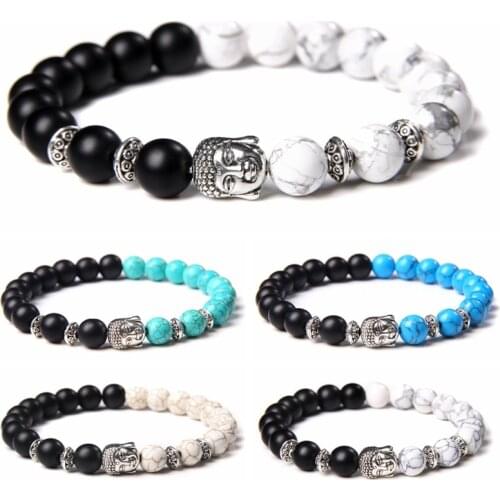 Classic Silver Color Buddha Bead Chakra Bracelet Natural Stone White Blue Turquoises Beads Stretch Prayer Bracelet for Women Men