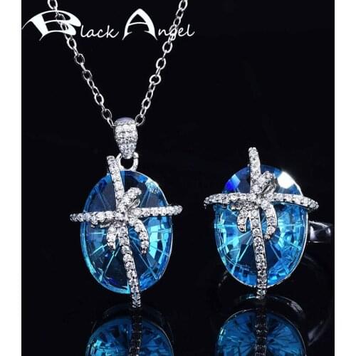 BLACK ANGEL Super Fairy Bowknot Pendant Jewelry Sets Bride Adjustable Ring Luxury Candy Series Aquamarine Necklace for Women