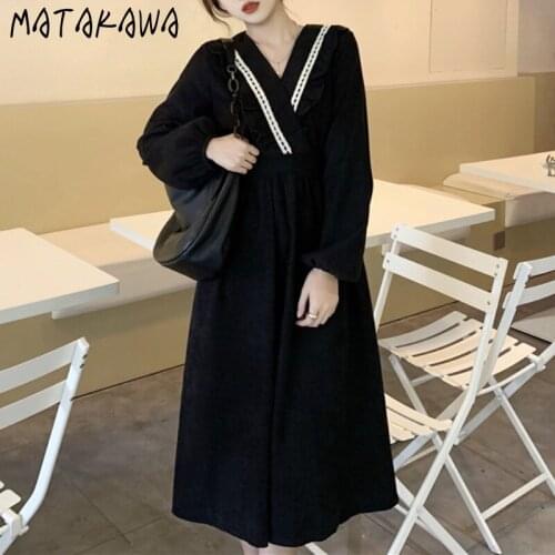 Matakawa Woman Dress Oversize Hepburn Black Robe Autumn French V Neck Long Sleeve Slim Elegant Contrast Color Pleated Vestidos