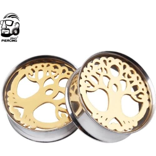 New 2PCS Gold Tree Of Life Ear Plugs Tunnels Piercing Body Jewelry Gauges Sell In Pair 10mm to 25mm