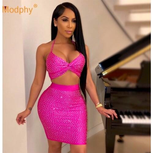 2019 New WomenS Beaded 2 Two-Piece Bandage Dress Sexy Sleeveless Halter Crystal Bodycon Mini Dress Club Party Vestidos