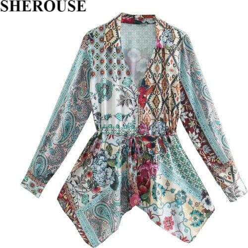 2021 Women Fashion Printed Shirring Shirt Long Sleeves V-neck Vintage Blouse Casual Buttoned Top Chic Lady Tops Woman haut femme