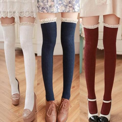 4pairs/lot Autumn Winter Plush Lace Stockings Fashion Cotton Thights Over Knee Socks