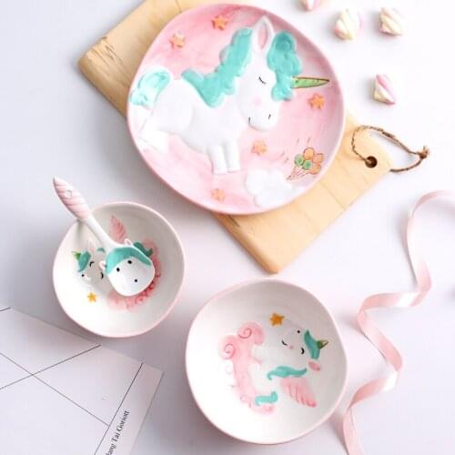 4pcs/set Cartoon Animal Dinnerware Ceramic Dinner Plates Rice Bowl Salad Bowl with Spoon for Kids Unicorn Gift Box Pink/Blue