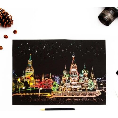 40.5x28.5cm Architecture Night Scene Scratch Paintings Card European Building city Adults Decompression Creative Drawing Toys