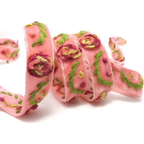 5/8 Inches Velvet Rose Flower Embroidered Ribbon Trim|Floral Lace Supplies|Bow Making Hair Material