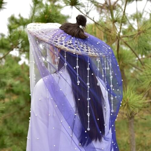 XinHuaEase Hanfu Accessories Crystal Curtain Martial Arts Ancient Style Gauze Hat Photo Cover Veil Hat Photography Props Vintage