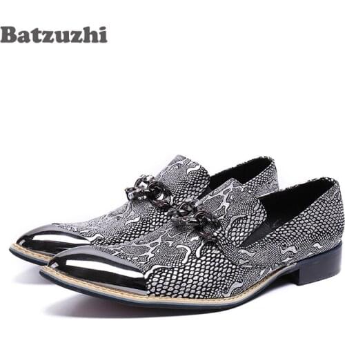 Batzuzhi Luxury Italy Fashion Men Shoes Silver Metal Cap Leather Dress Shoes Flats Business Party Wedding Zapatos Hombre