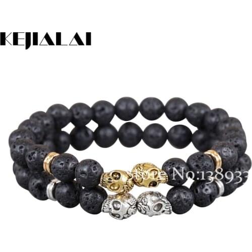 Kejialai New Products Christmas Gift 8MM Lava Stone Beads Bracelet Gold Color Silver Color Rose Skull Yoga Bracelets Party Gift