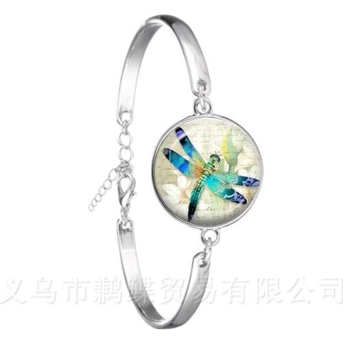 Dragonfly Pattern Bracelet Insect Art Picture 18mm Glass Cabochon Dome Charm Bangle For Women Girls Creative Gift