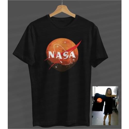 Unisex Female-male Mars Nasa Black Round Neck T-shirt