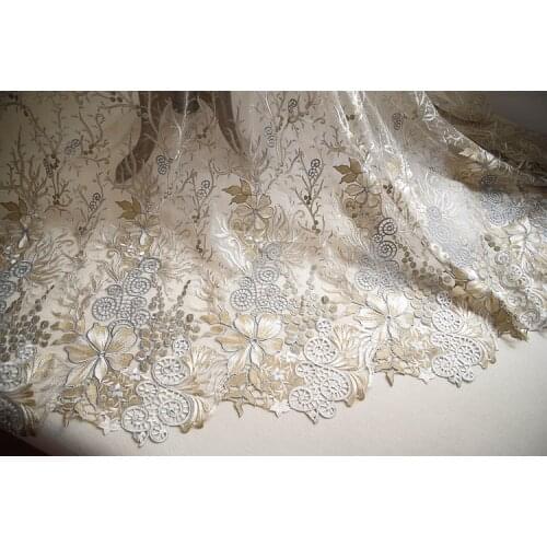 Guipure Fabric New Arrival Gray Gold Embroidery Tulle Lace Fabric With Floral Gold Thread Bridal Gown Lace Sewing Material