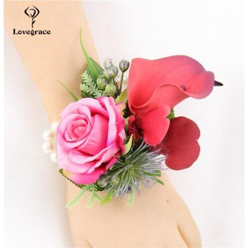 Artificial Rose Calla Wrist Corsage Bracelet for Bridesmaids Groom Boutonnieres Wedding Flower Brooch Bridesmaids Wrist Corsages