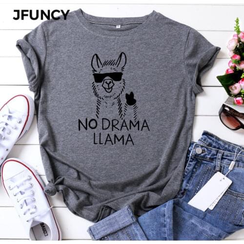 JFUNCY Plus Size T Shirts Women Funny Animal Summer Cotton T-Shirt Cute Alpaca Graphic Print O Neck Short Sleeve Female Tee Tops