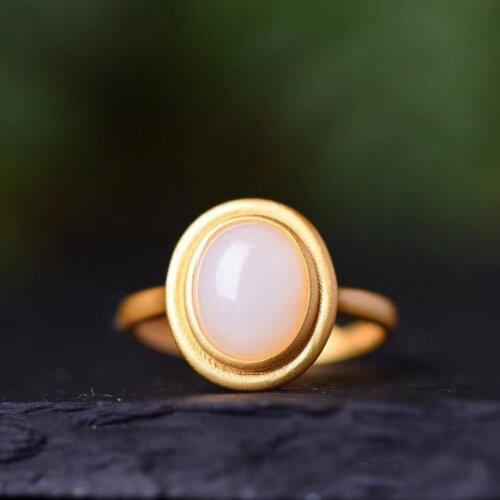 S925 Sterling Silver Ring Classic Top Brand Simplicity Elegant Gilding Inlaid Natural Hetian Jade White Jade Egg Surface Ring fo