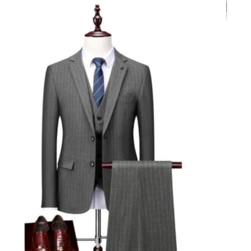 Suit + vest + pants)New mens business casual suit suit Korean version slim wedding suit men stripe three-piece set/ men suit