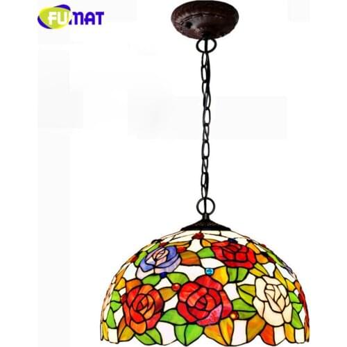 FUMAT Tiffany Lamp Stained Glass Rose Flower Pendant Lamps LED E26 E27 Dining Room Kitchen Pendent Light Art Home Deco Suspensio