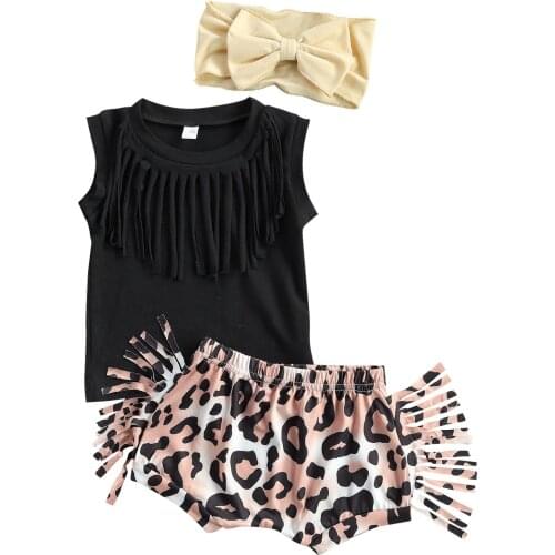 Summer Baby Girls Clothes Set Solid Color Sleeveless Vest Top + Leopard Tassel Shorts + Bow Headwear 3Pcs Outfit Suits