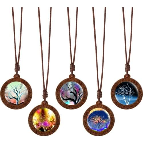 Fashion Life Tree Wood Glass Cabochon Statement Necklace & Pendant Jewelry Vintage Bronze Chain Necklace for Women