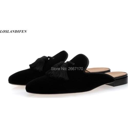 2019 Summer Men Casual Slippers Black Fringed Mules Tassel Flats Shoes Slip on Slides Casual Shoes Men