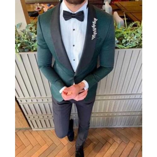 New Royal Green Mens Suit Shawl Lapel Blazer 2 Pieces Flat Modern Fit Tuxedos best man for Wedding 2020 (Blazer+Pants)