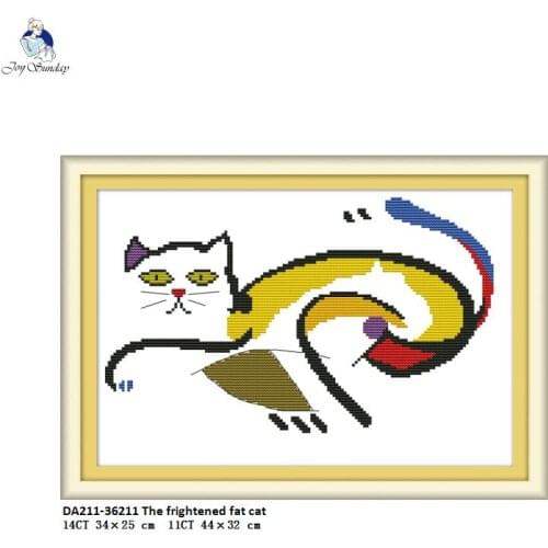 Joy Sunday Needlework,DIY Handmade DMC Cross stitch,Sets For Embroidery kits,The Frightened Fat Cat Patterns Counted Home Decor