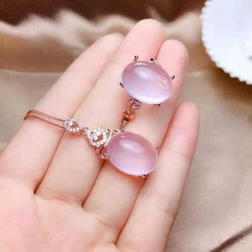 New Arrival Real Natural Rose Quartz Jewelry set Natural And Real Rose Quartz Set 925 sterling silver 1pc ring,1pc Pendant