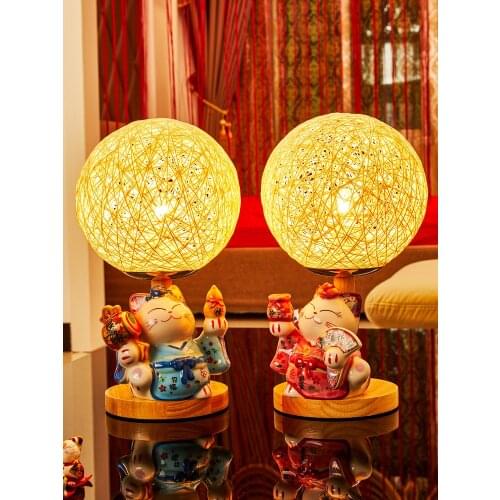 Free Shipping Creative New Couple Wedding Gift Ceramic Lucky Cat Table Lamp for Bedroom A Pair of Wedding Room Decoration E27