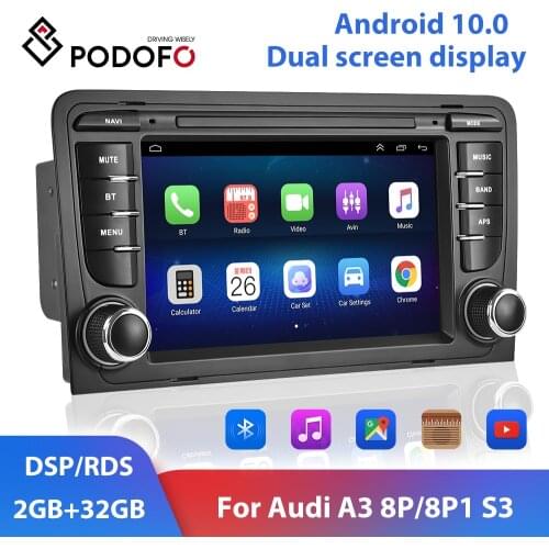 Podofo 2din Android 10.0 Car Multimedia Player Carplay RDS DSP Car Radio 7" GPS Auto Stereo For Audi A3 8P/8P1 S3 RS3 Sportback