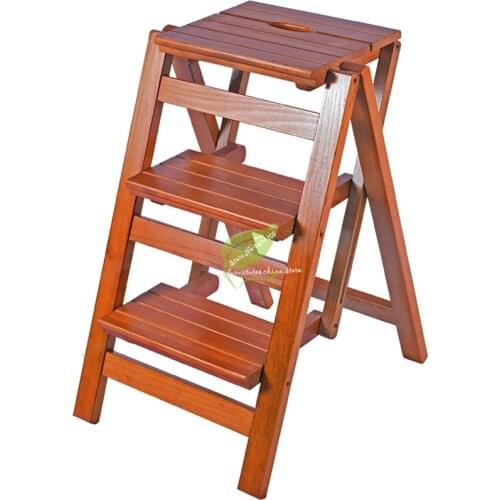 Durable Household Multi Function Step Ladder Stool Foldable Solid Wood Three Indoor Climbing Wooden