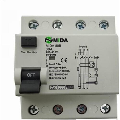 RCCB 10KA 4Pole 30mA Type B RCD 40A 63A 80A B Type RCCB MIDA-80B for EV Charger Station