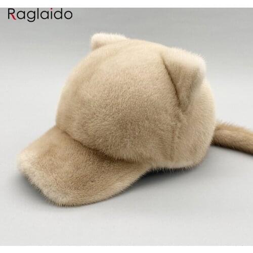 Mink Fur Hats for Women Winter Warm Solid Genuine Luxury Fur Cap High Quality Female Fur Hat with Tail Cute Girls Cat Hats