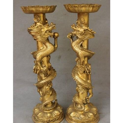 USPS to USA S1836 24" Buddhism Chinese Pure Brass FengShui Dragon Statue Candle Stick Holder Pair