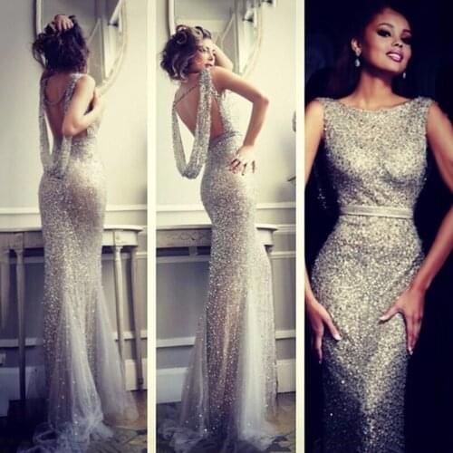 Scoop Neckline Mermaid Evening Gown Sexy Backless Silver Color Formal Floor Length Dress