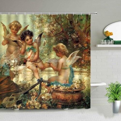 Angels in Heaven Shower Curtain Set Polyester Fabric Machine Washable Printed Background Wall Curtains for Bathroom Home Decor