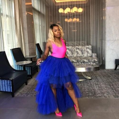 High Street Royal Blue High Low Ruffles Tulle Skirts 2019 Custom Made Tiered Tutu Plus Size Tulle Skirt Women