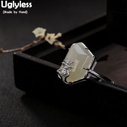 Uglyless 100% 925 Sterling Silver Ant Open Rings for Women Insect Pearls Jewelry Sets Nature Jade Square Earrings Brincos Bijoux