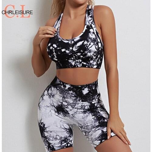 Tie dye Seamless Tracksuit Women Fitness 2 Pieces Set Women Sporty High Waist Shorts+Push Up Bra Workout Matching Suits