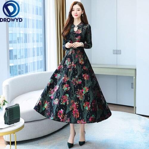 2021 Autumn Winter New Chinese Style Print Floral Printed Long Sleeve Fleece Thicken Dress Women Long Elegant Party Vestidos
